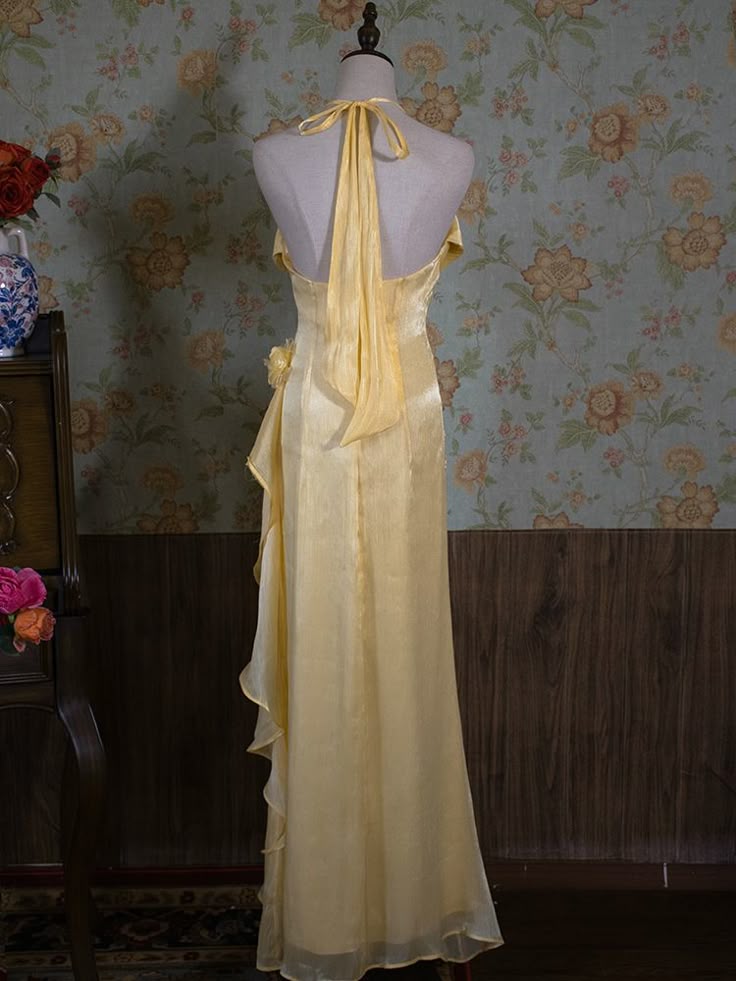 Vintage Yellow Halter Neck Floral Prom Gown Fairy Princess Prom Dress - View 3 | FashionDia