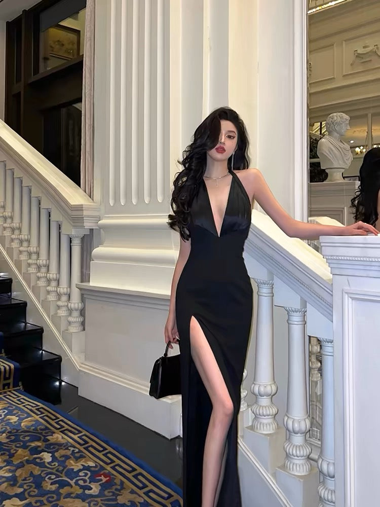 Chic Mermaid V Neckline Backless Black Slit Prom Dresses Birthday Outfits