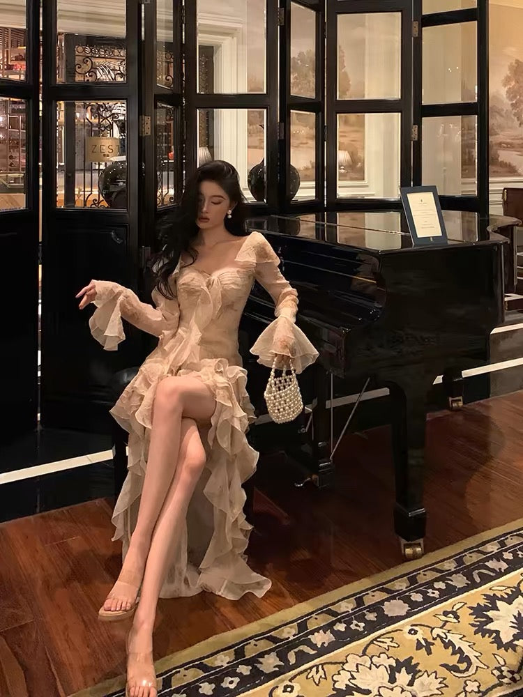 Chic High Low Sweetheart Long Sleeves Floral Ruffles Chiffon Prom Dresses Birthday Outfits