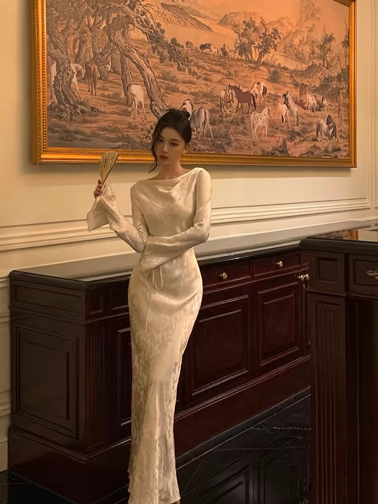 Chic Sheath Scoop Long Sleeves Floral Ivory Silk Satin Long Prom Dresses Birthday Outfits