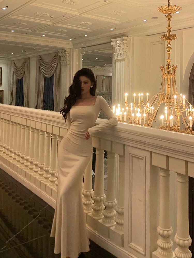 Chic Mermaid Square Neckline Long Sleeves Long Prom Dresses Birthday Dress