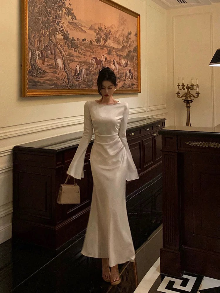 Chic Mermaid Boat Neckline Long Sleeves Silk Satin Prom Dresses Birthday Dress - View 2 | FashionDia