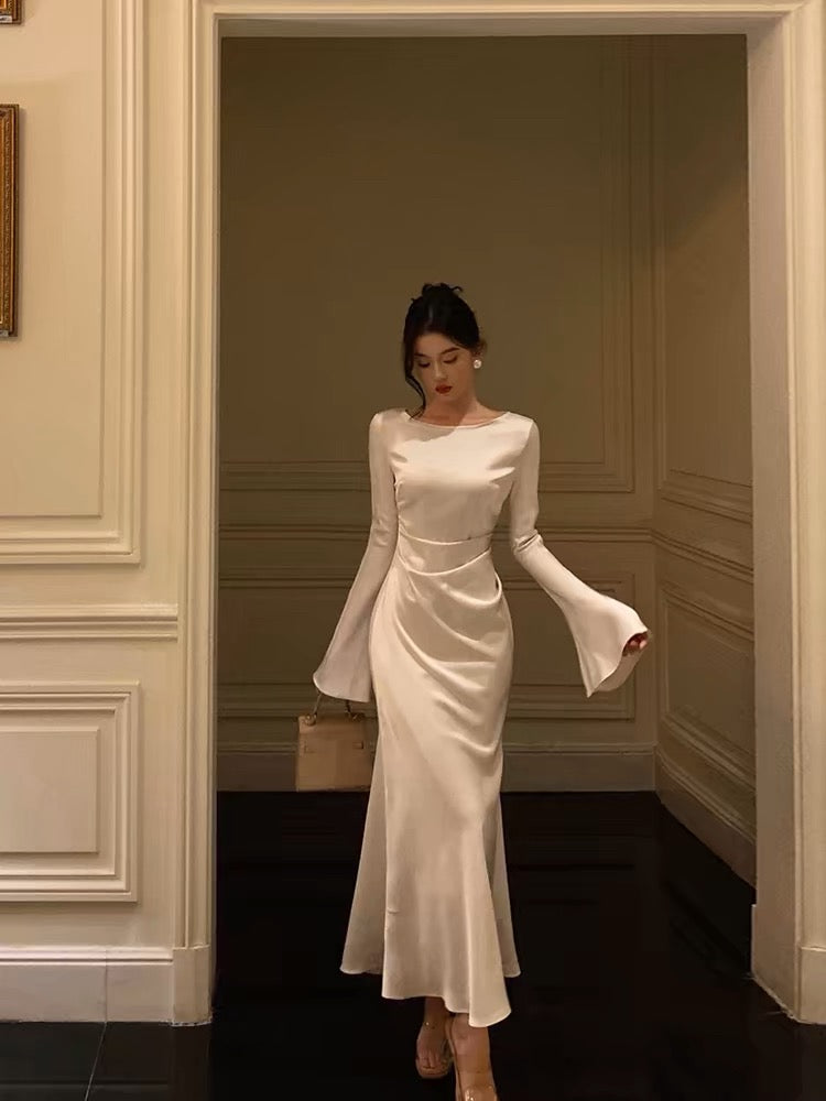 Chic Mermaid Boat Neckline Long Sleeves Silk Satin Prom Dresses Birthday Dress - View 5 | FashionDia
