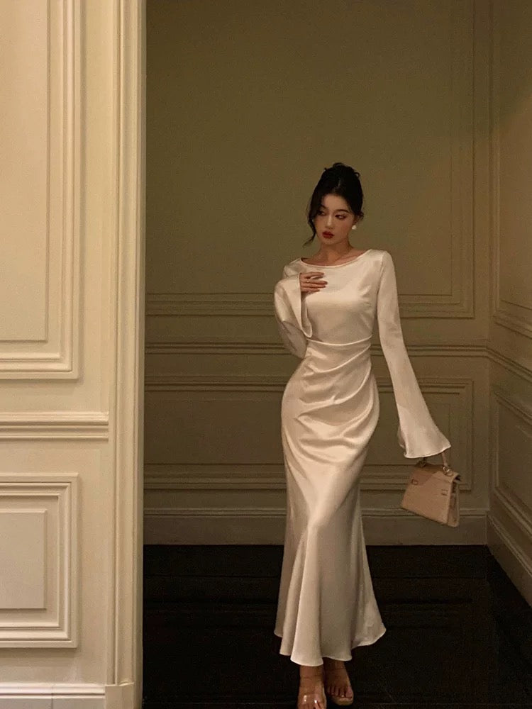 Chic Mermaid Boat Neckline Long Sleeves Silk Satin Prom Dresses Birthday Dress