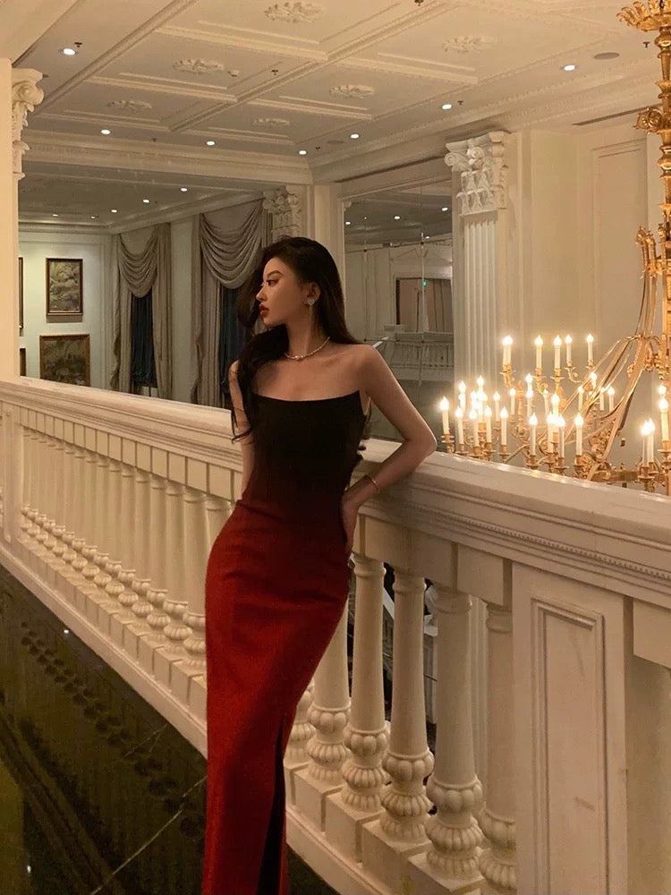 Sexy Mermaid Strapless Ombre Burgundy Satin Slit Long Prom Dresses Birthday Outfits - View 3 | FashionDia