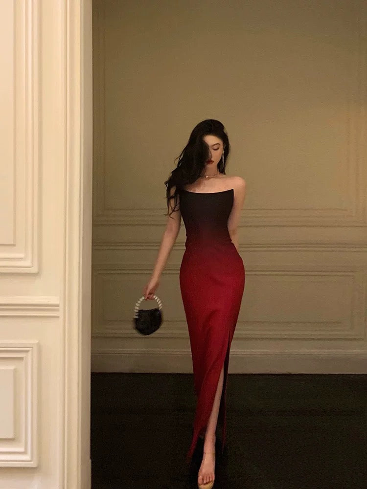 Sexy Mermaid Strapless Ombre Burgundy Satin Slit Long Prom Dresses Birthday Outfits - View 4 | FashionDia
