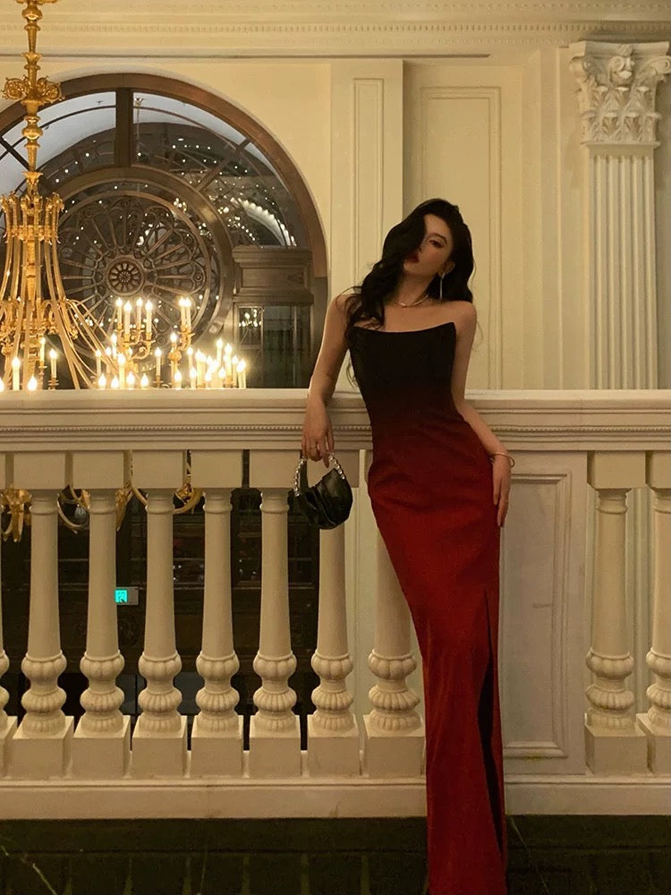 Sexy Mermaid Strapless Ombre Burgundy Satin Slit Long Prom Dresses Birthday Outfits - View 2 | FashionDia