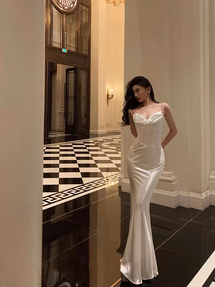 Sexy Mermaid Spaghetti Straps White Silk Satin Long Prom Dresses Birthday Outfits