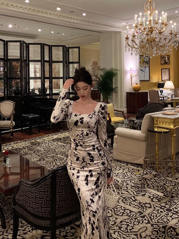 Sexy Sheath Black Floral Velvet Long Sleeves Prom Dresses Birthday Outfits - View 3 | FashionDia