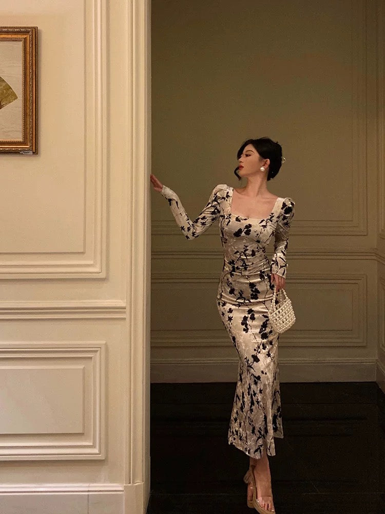 Sexy Sheath Black Floral Velvet Long Sleeves Prom Dresses Birthday Outfits - View 2 | FashionDia