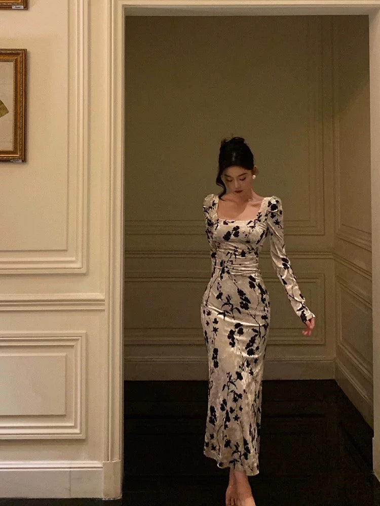Sexy Sheath Black Floral Velvet Long Sleeves Prom Dresses Birthday Outfits - View 4 | FashionDia
