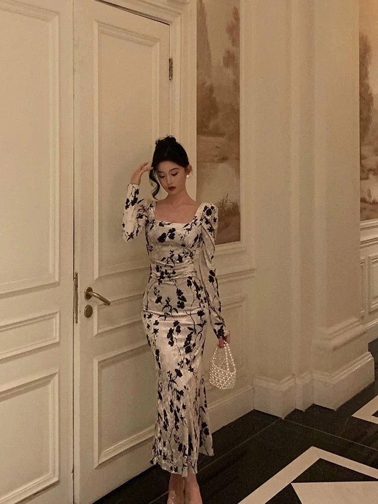 Sexy Sheath Black Floral Velvet Long Sleeves Prom Dresses Birthday Outfits - View 5 | FashionDia
