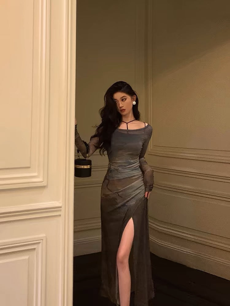Sexy Sheath Floral 2 Pieces Long Sleeves Slit Prom Dresses Birthday Outfits - FashionDia