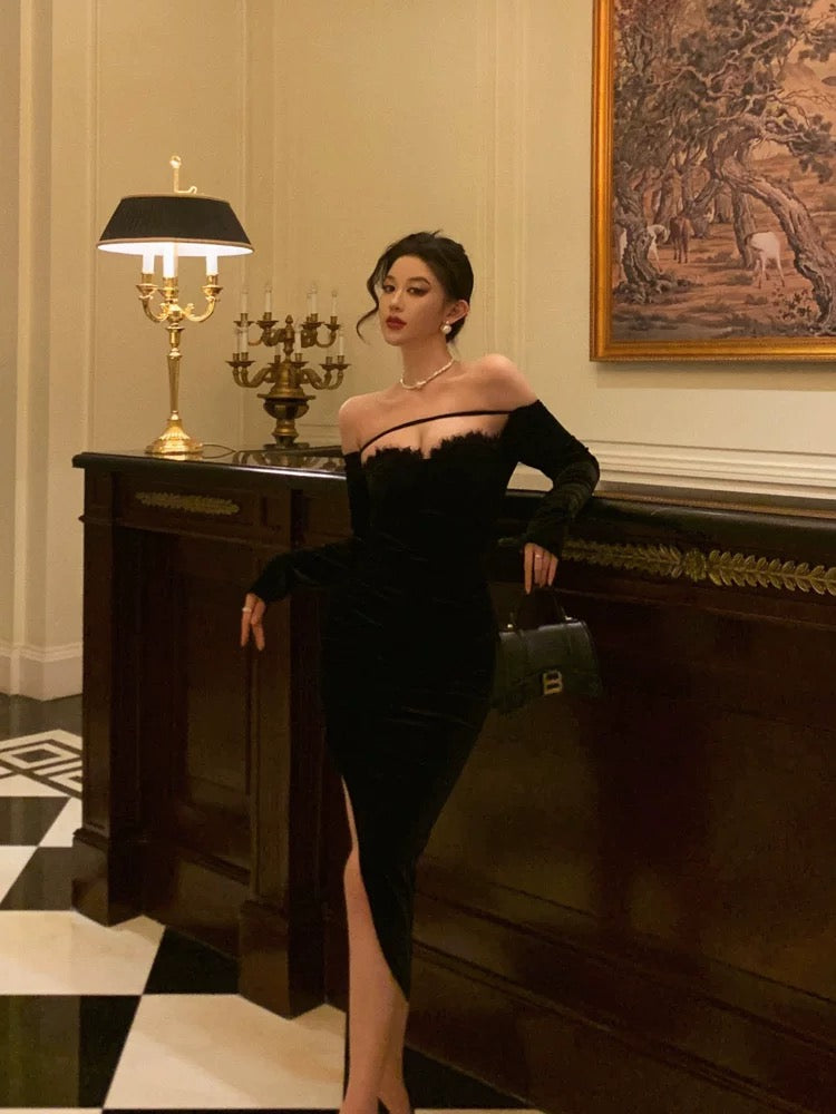 Sexy Sheath Off The Shoulder Black Velvet Slit Mid Length Prom Dresses Birthday Outfits