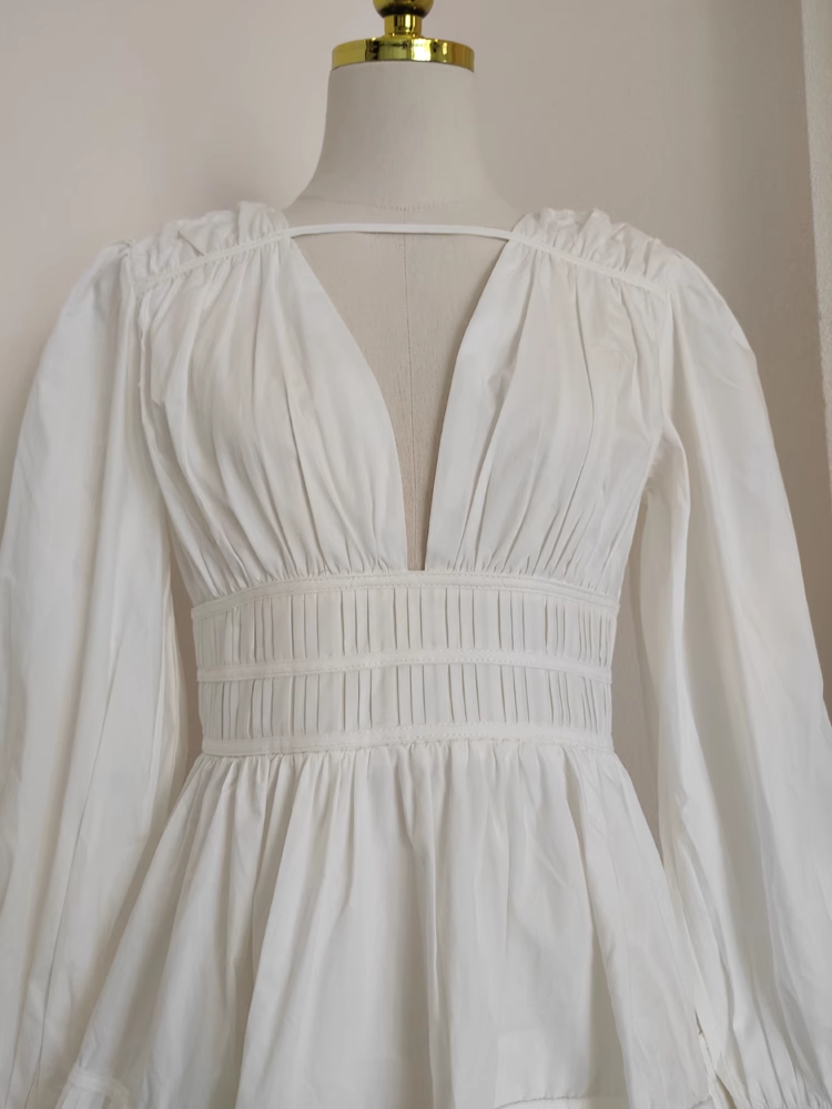 Cute A-Line V Neckline Long Sleeves Spring White Casual Dress Beach Holiday Dresses - View 3 | FashionDia