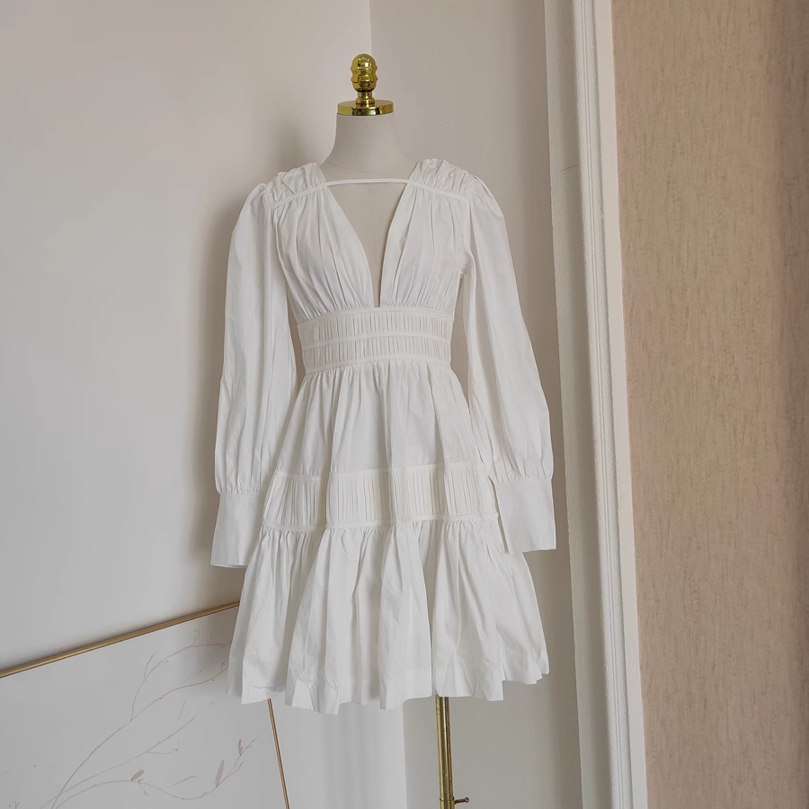 Cute A-Line V Neckline Long Sleeves Spring White Casual Dress Beach Holiday Dresses - FashionDia