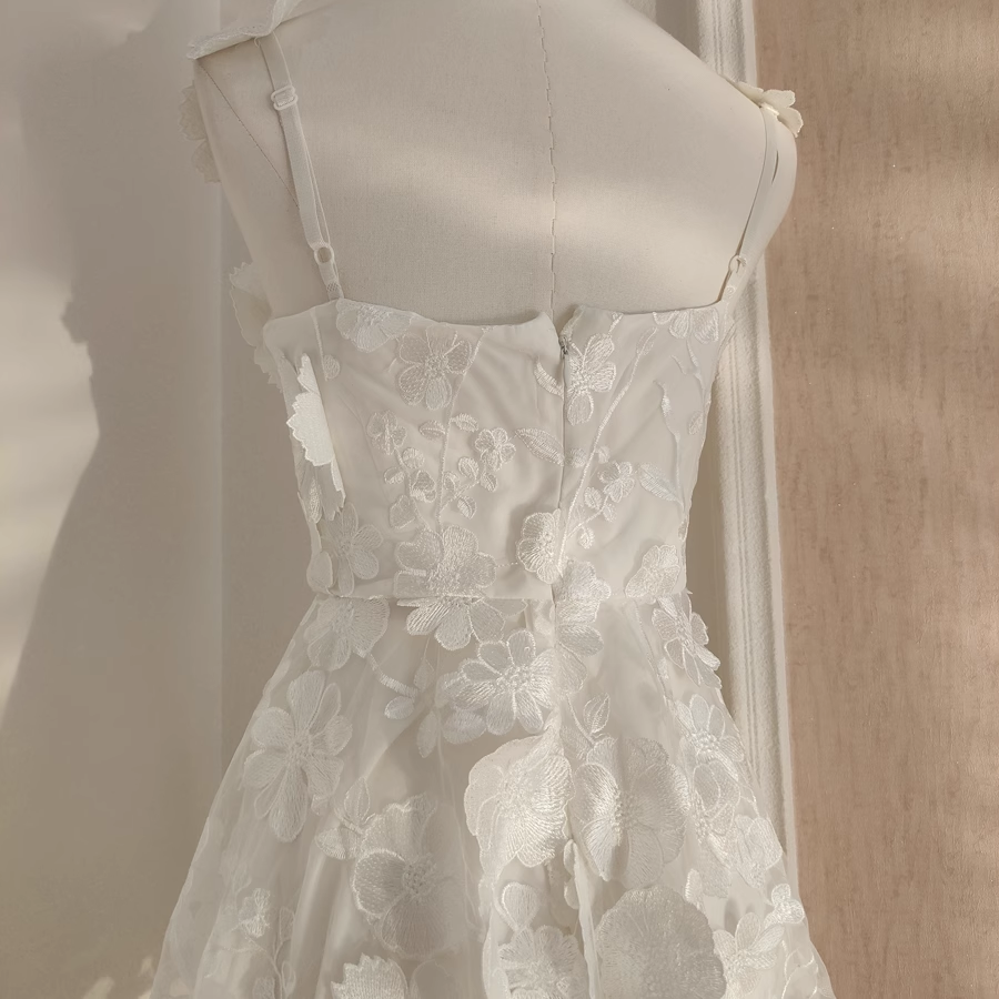 Cute A-Line Straps Sleeveless Floral White Party Dress Short Holiday Dresses - View 3 | FashionDia