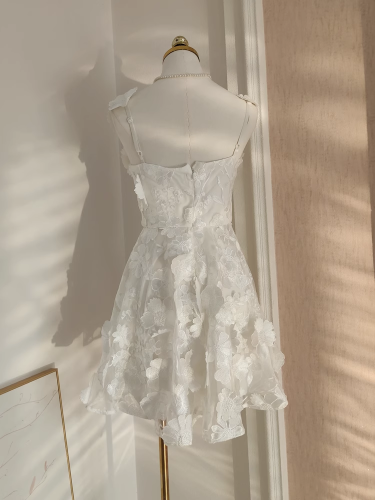 Cute A-Line Straps Sleeveless Floral White Party Dress Short Holiday Dresses - View 2 | FashionDia