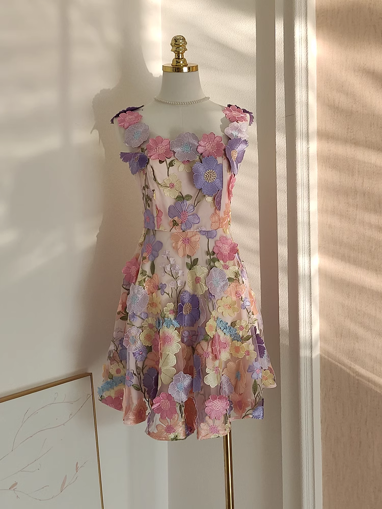 Cute A line Straps Sleeveless Floral Party Dress Short Holiday Dresses