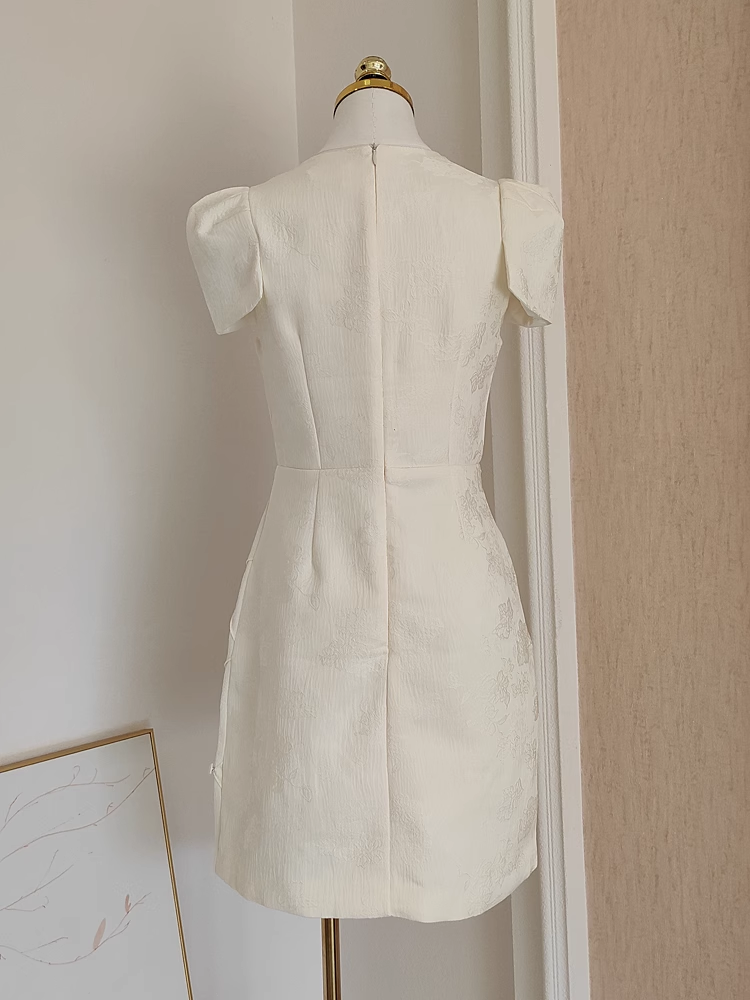 Cute A-Line Boat Short Sleeves Satin White Party Dress Short Holiday Dresses - View 2 | FashionDia