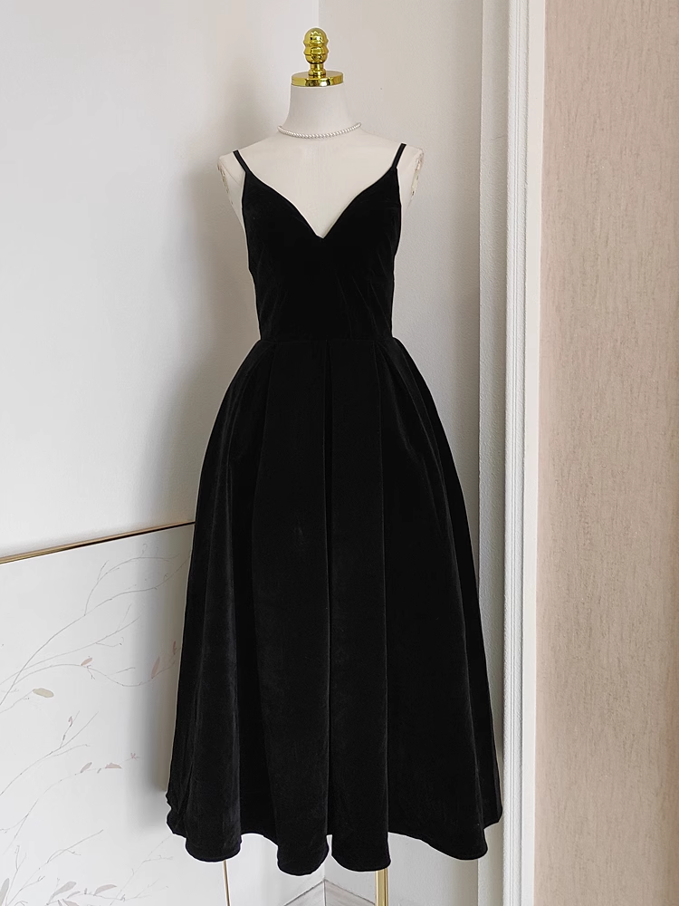 Simple A line Sleeveless Black Velvet Party Dress Holiday Birthday Dresses For Women