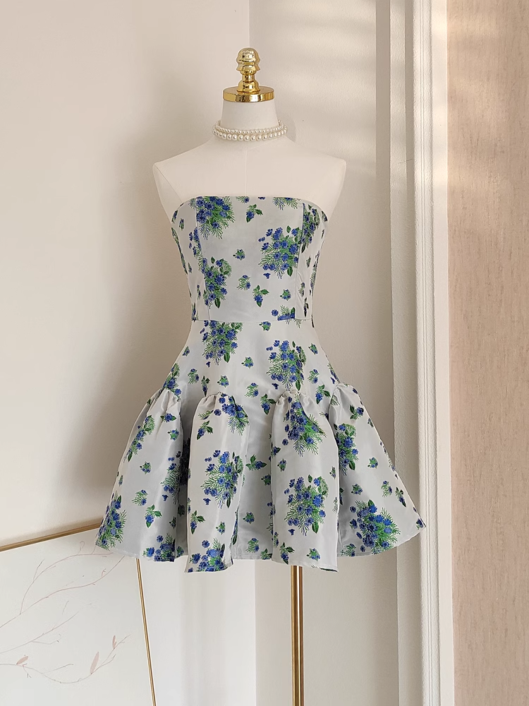 Cute A line Strapless Sleeveless Blue Floral Party Dress Short Birthday Dresses