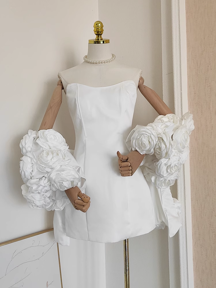 Cute A line Strapless Sleeveless White Satin Party Dress Short Birthday Dresses With Cape