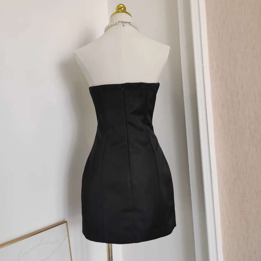 Cute A-Line Strapless Sleeveless Black Satin Party Dress Short Birthday Dresses With Cape - View 3 | FashionDia