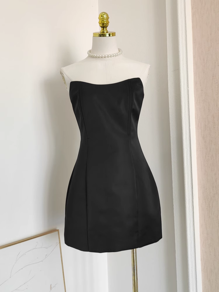 Cute A-Line Strapless Sleeveless Black Satin Party Dress Short Birthday Dresses With Cape - View 4 | FashionDia