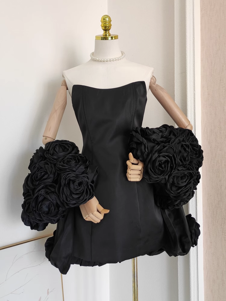 Cute A line Strapless Sleeveless Black Satin Party Dress Short Birthday Dresses With Cape