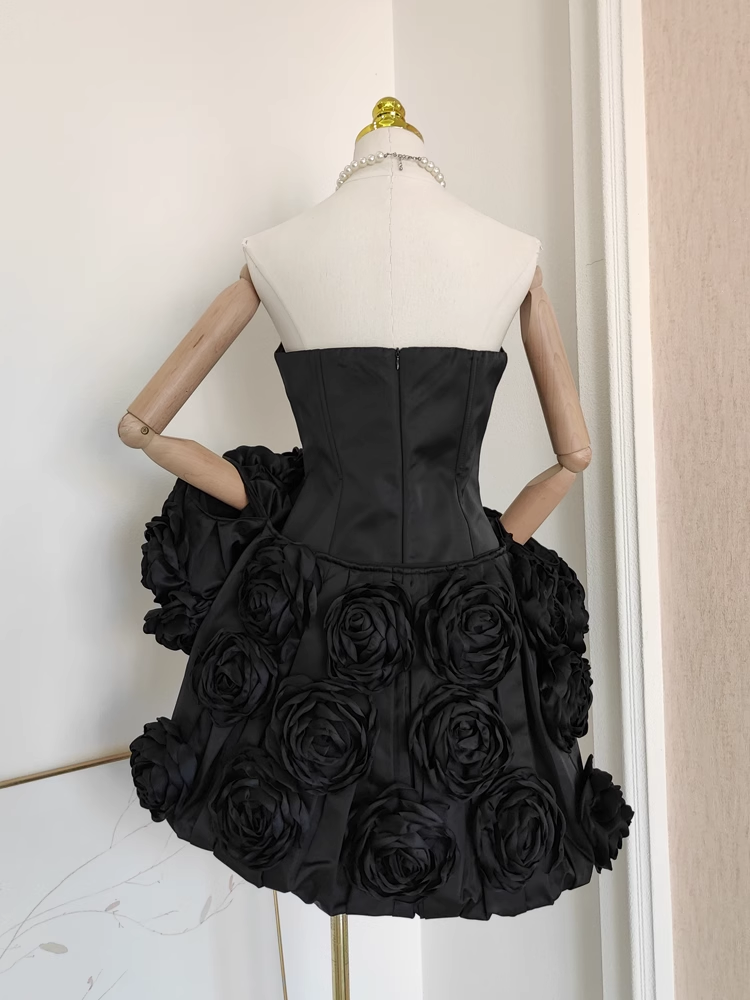 Cute A-Line Strapless Sleeveless Black Satin Party Dress Short Birthday Dresses With Cape - View 2 | FashionDia