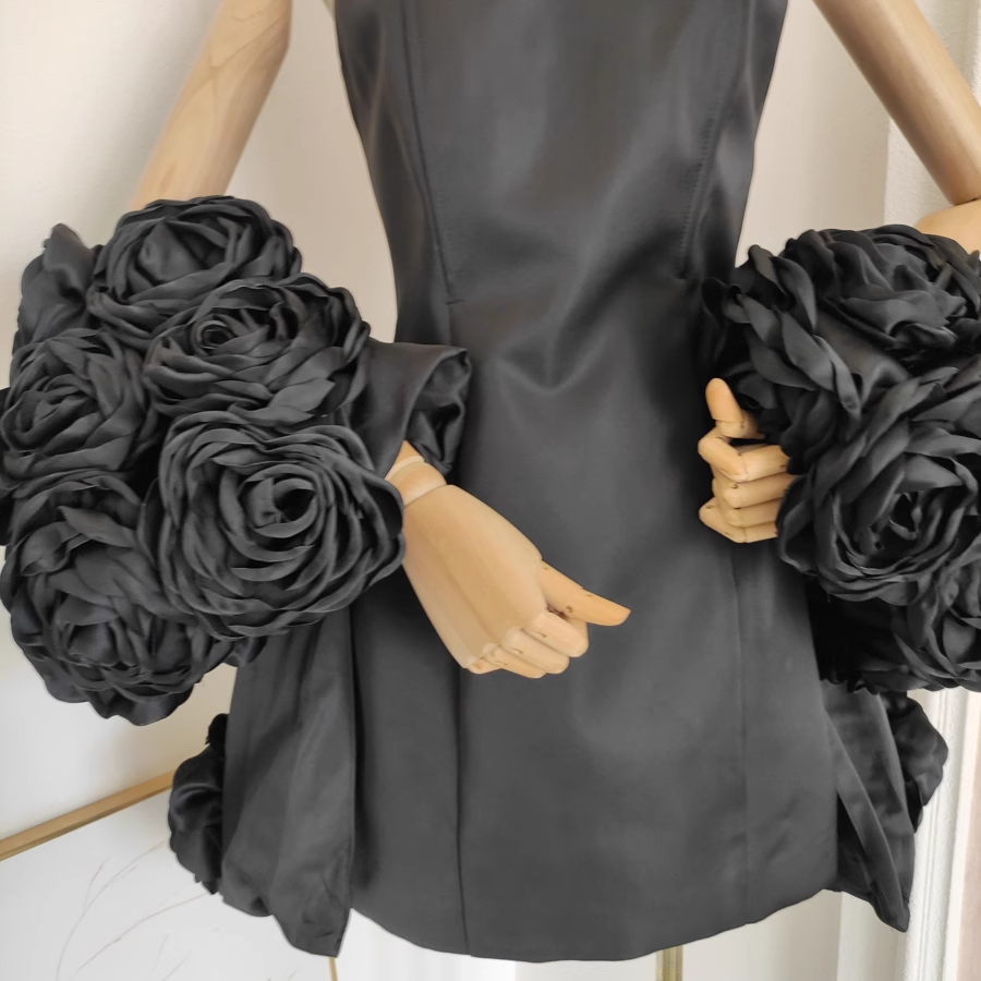Cute A-Line Strapless Sleeveless Black Satin Party Dress Short Birthday Dresses With Cape - View 5 | FashionDia