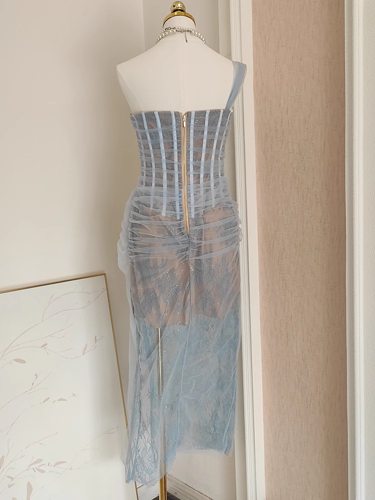 Sexy Sheath One-Shoulder Light Sky Blue Tulle Lace Dinner Party Dresses Birthday Outfits - View 2 | FashionDia