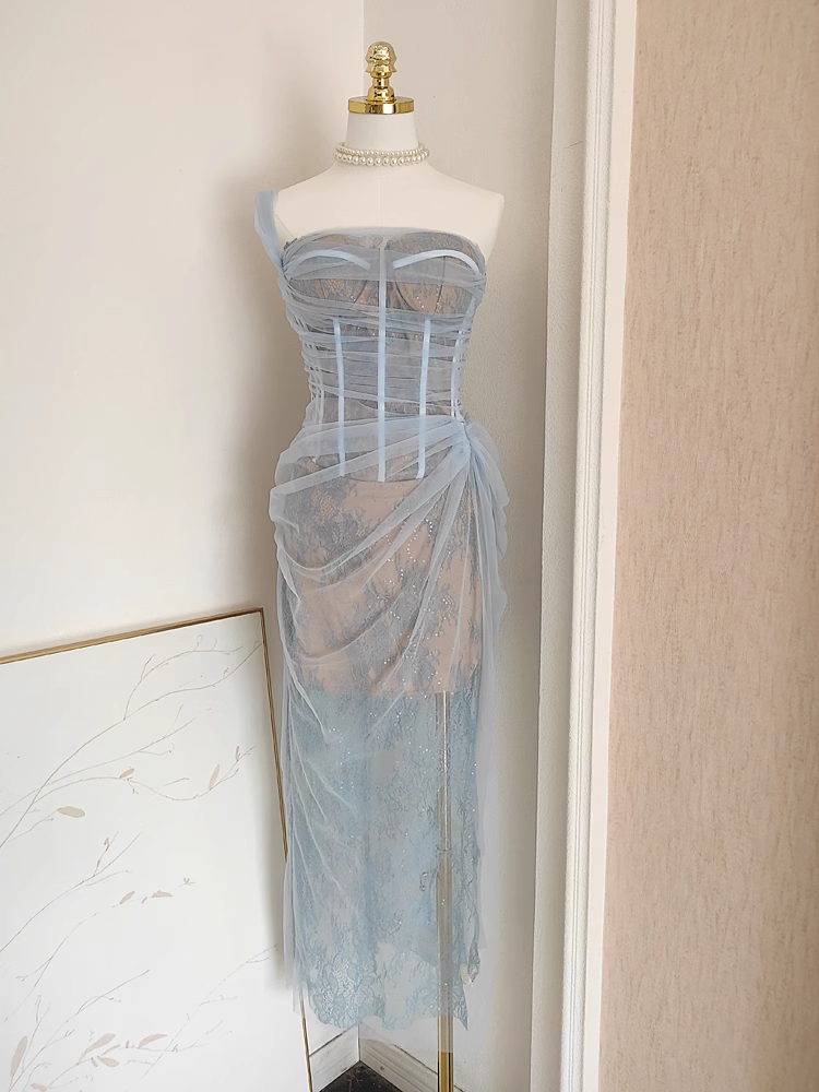 Sexy Sheath One Shoulder Light Sky Blue Tulle Lace Dinner Party Dresses Birthday Outfits