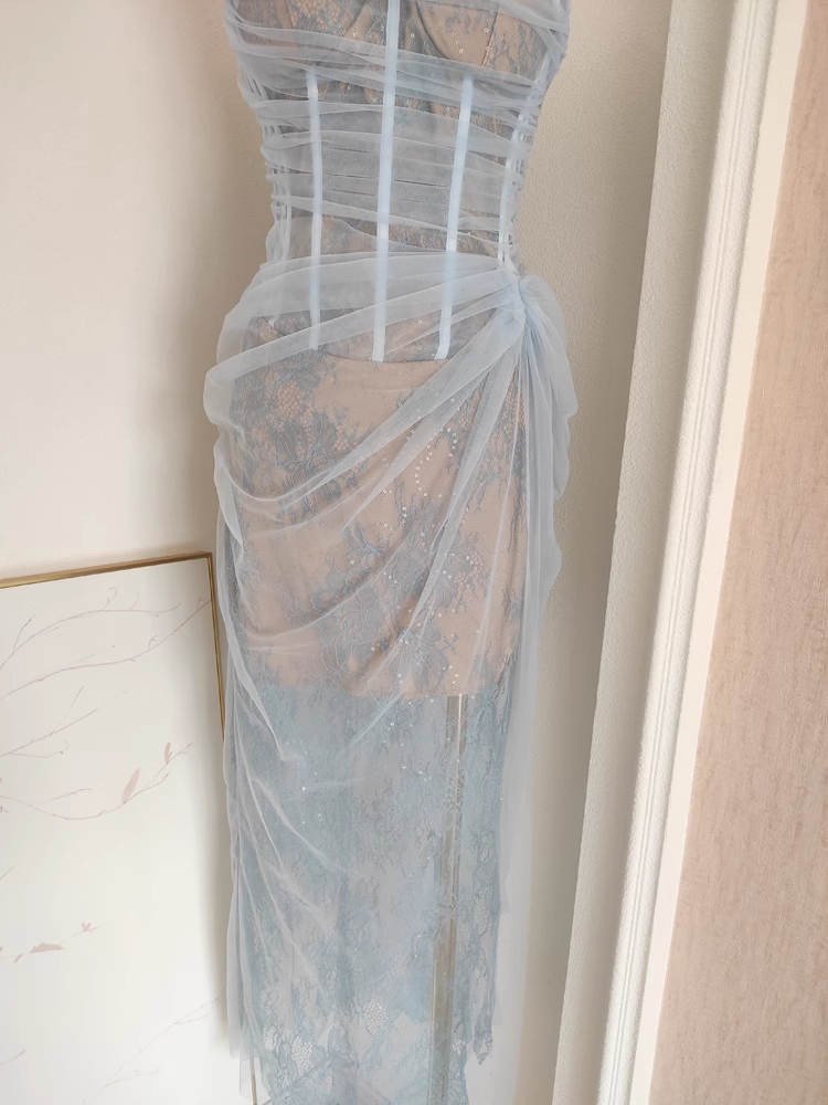 Sexy Sheath One-Shoulder Light Sky Blue Tulle Lace Dinner Party Dresses Birthday Outfits - View 4 | FashionDia