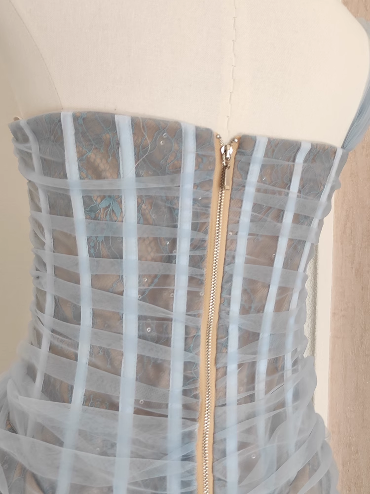 Sexy Sheath One-Shoulder Light Sky Blue Tulle Lace Dinner Party Dresses Birthday Outfits - View 5 | FashionDia