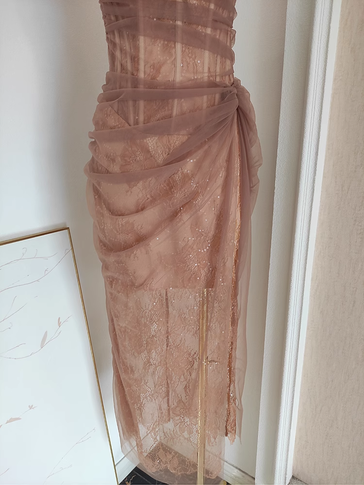 Sexy Sheath One-Shoulder Brown Tulle Lace Dinner Party Dresses Birthday Outfits - View 4 | FashionDia