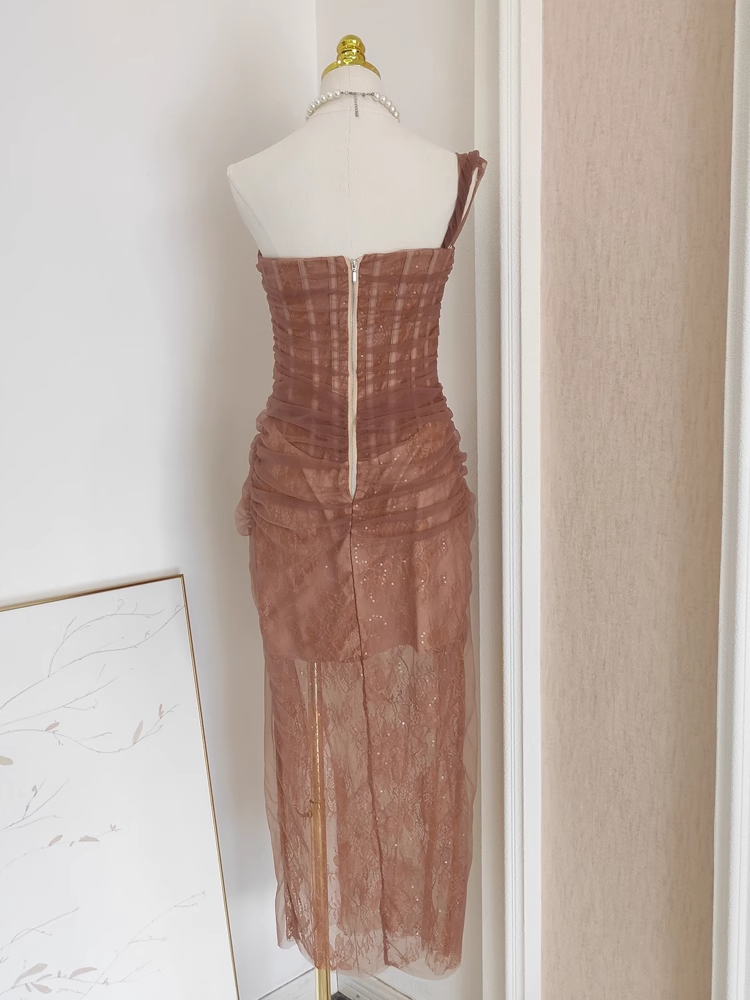 Sexy Sheath One-Shoulder Brown Tulle Lace Dinner Party Dresses Birthday Outfits - View 2 | FashionDia