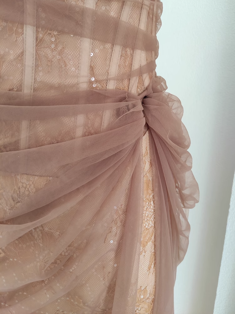 Sexy Sheath One-Shoulder Brown Tulle Lace Dinner Party Dresses Birthday Outfits - View 5 | FashionDia