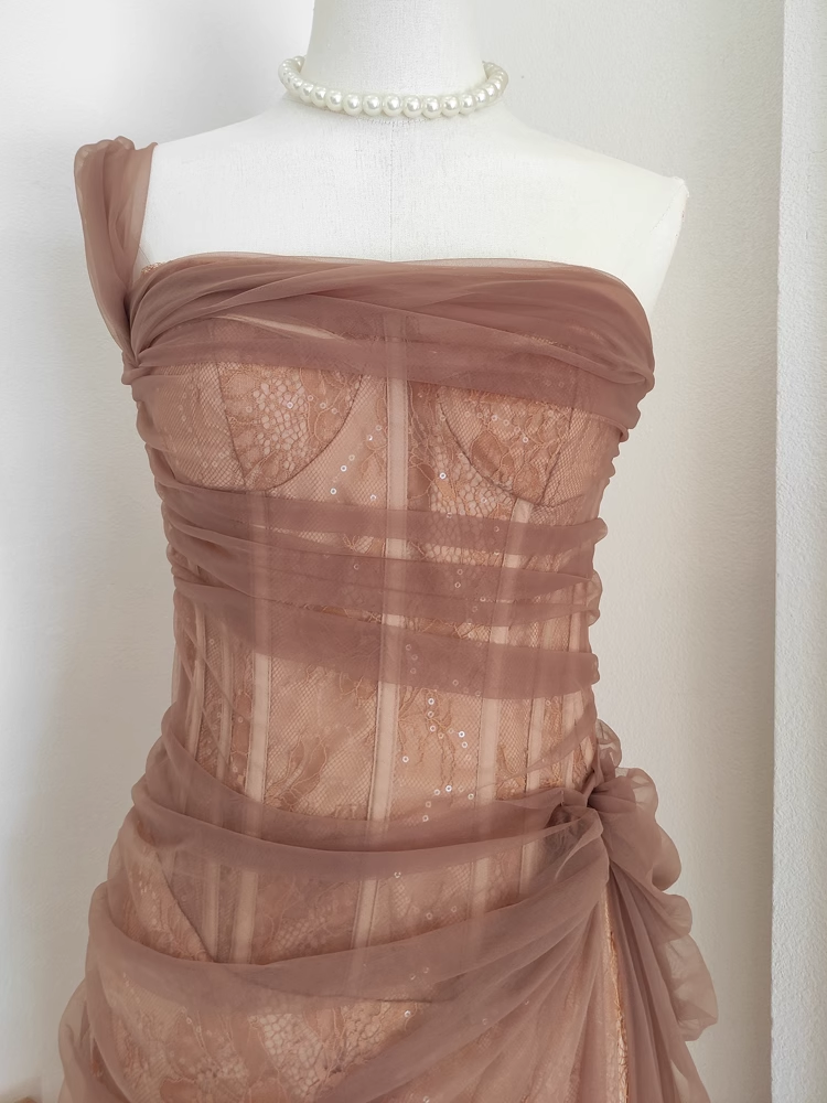 Sexy Sheath One-Shoulder Brown Tulle Lace Dinner Party Dresses Birthday Outfits - View 3 | FashionDia