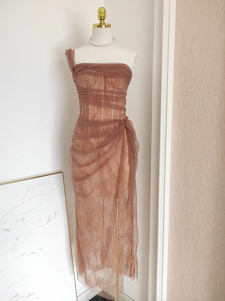 Sexy Sheath One Shoulder Brown Tulle Lace Dinner Party Dresses Birthday Outfits