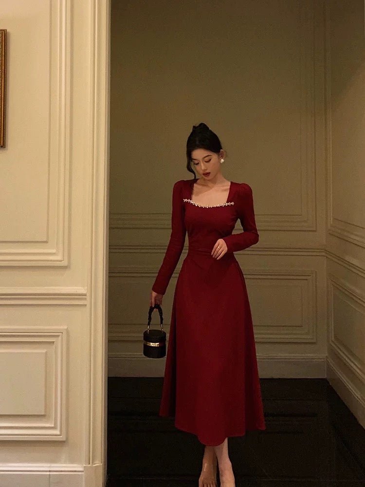 Simple A-Line Square Neckline Long Sleeves Red Prom Dresses Birthday Dress - View 4 | FashionDia