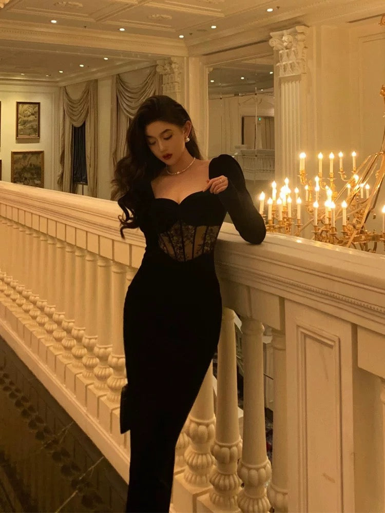 Sexy Sheath Sweetheart Velvet Black Long Sleeves Prom & Evening Dress - View 2 | FashionDia