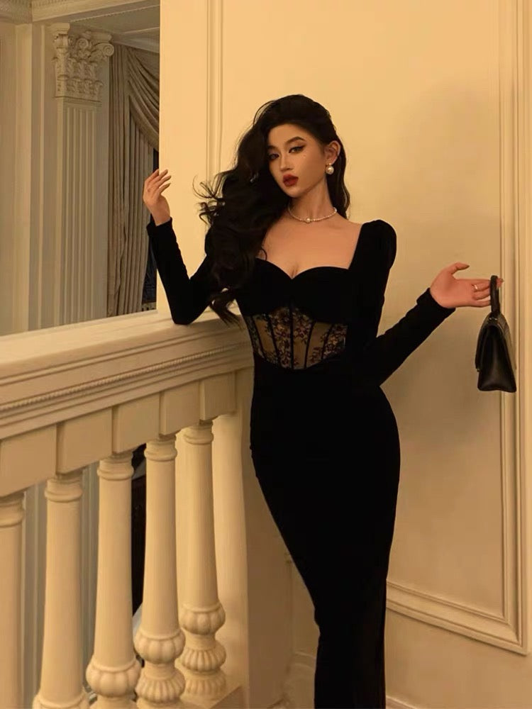 Sexy Sheath Sweetheart Velvet Black Long Sleeves Prom & Evening Dress - View 3 | FashionDia