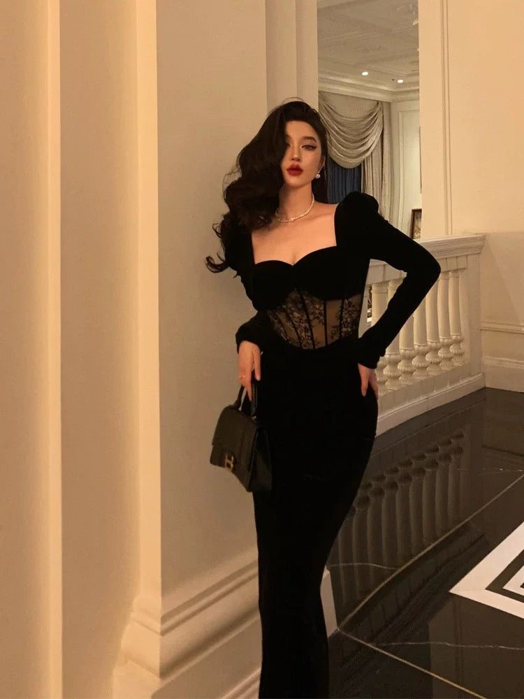 Sexy Sheath Sweetheart Velvet Black Long Sleeves Prom & Evening Dress - View 4 | FashionDia