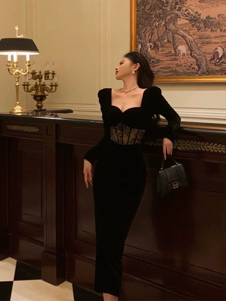 Sexy Sheath Sweetheart Velvet Black Long Sleeves Prom Dresses Evening Dress
