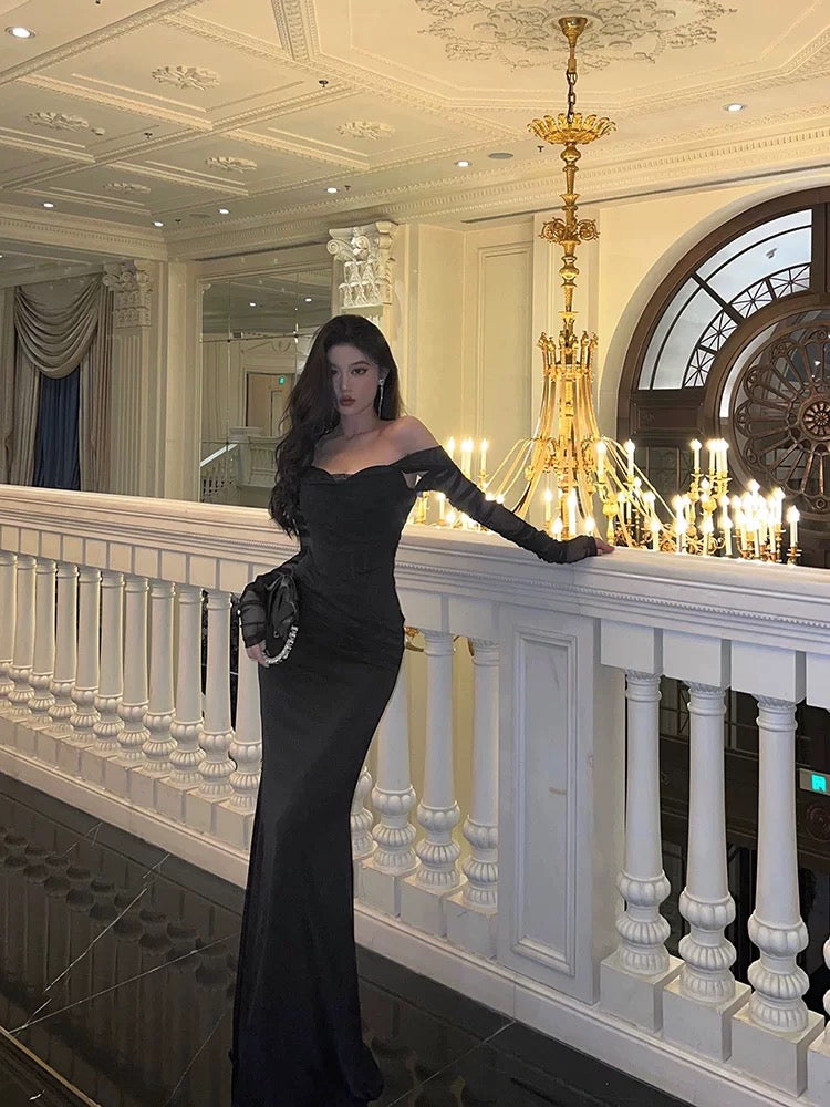 Sexy Sheath Off The Shoulder Black Long Sleeves Prom Dresses Evening Dress