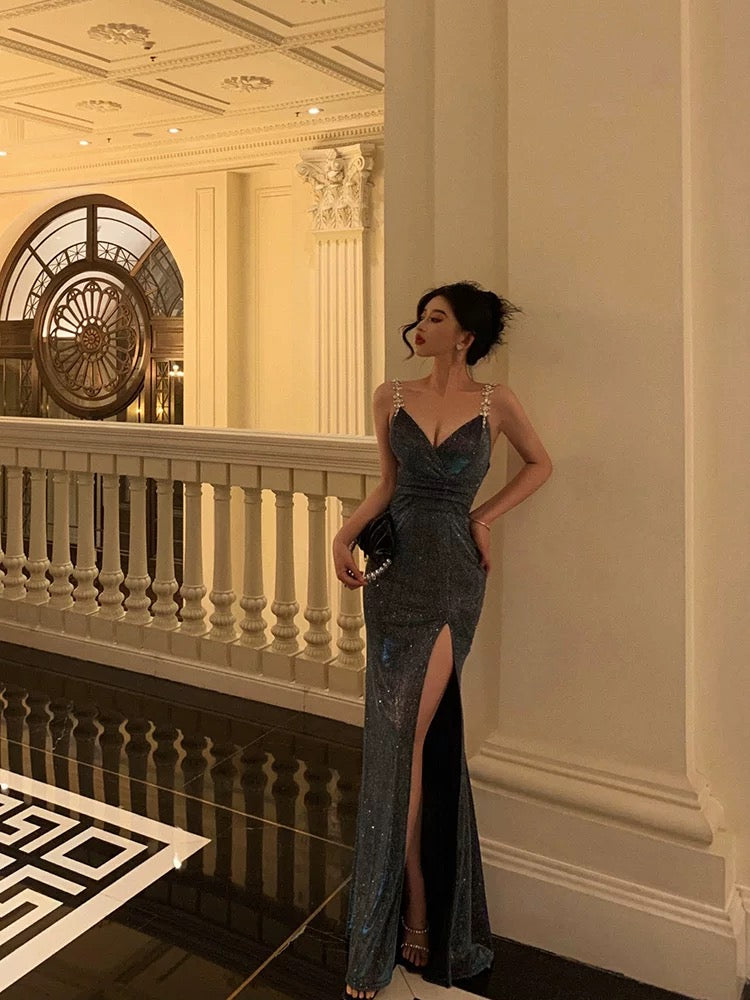 Sexy Sheath Straps Sequin Blue Slit Long Prom & Evening Dress - View 3 | FashionDia