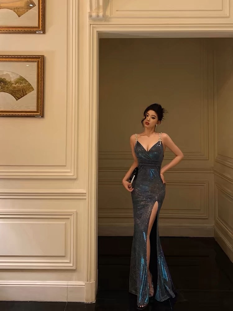 Sexy Sheath Straps Sequin Blue Slit Long Prom & Evening Dress - View 5 | FashionDia