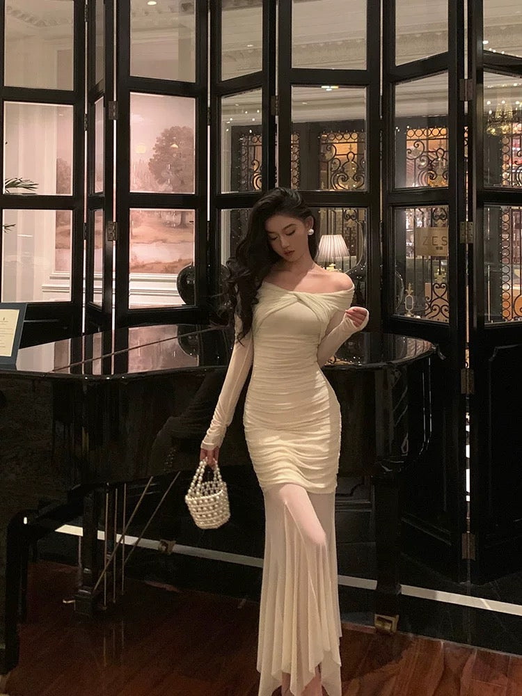 Modest Sheath Off-the-Shoulder Long Sleeves Beige Prom & Evening Dress - View 2 | FashionDia